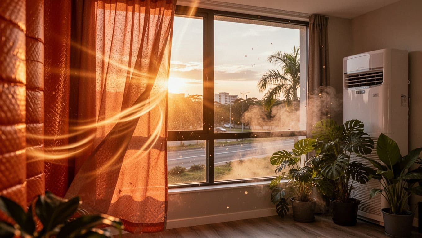 Photorealistic image of a modern apartment window facing west during late afternoon, with heavy sunlight and heat waves beaming in, partially closed insulating curtains highlighting heat-blocking fabric texture, nearby AC unit and tropical plants.