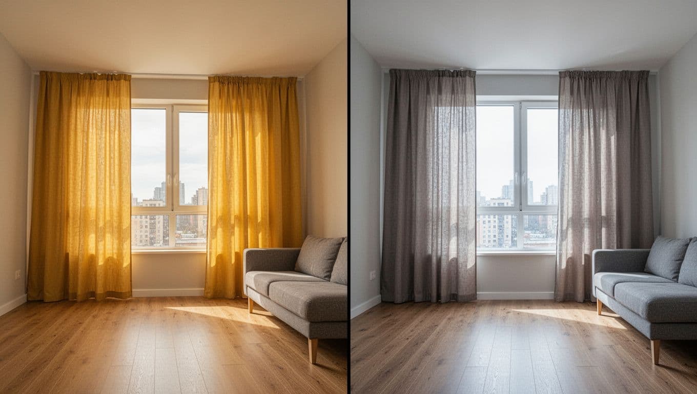 Photorealistic split-image of a modern living room window with curtains: left half uses wide-angle lens for larger, spacious appearance with warm lighting; right half shows true size via normal lens with cool natural daylight.