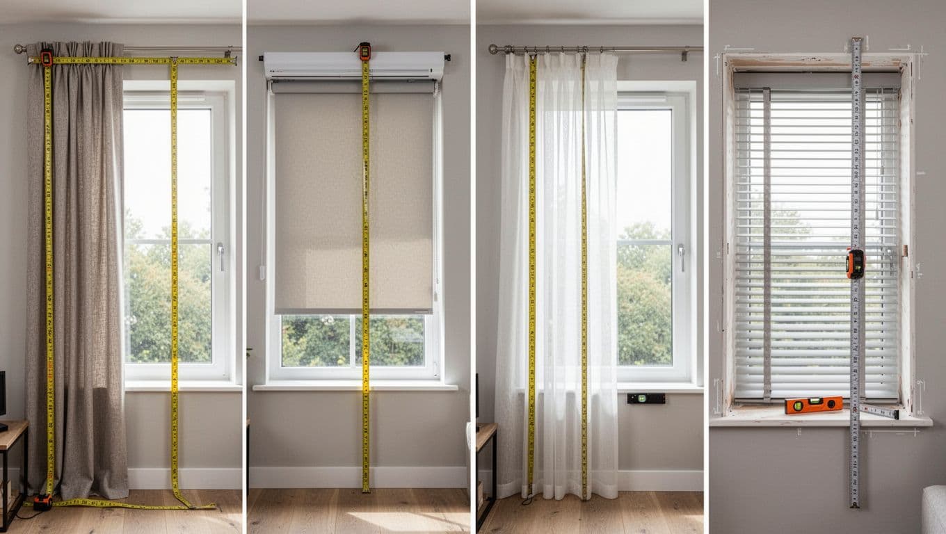 Realistic side-by-side comparison of four home windows showing precise measurements for fabric curtains, roller blinds, sheer curtains, and Venetian blinds using tape measures and tools in modern interiors with natural light.