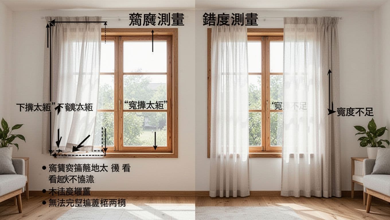 Side-by-side diagram illustrating common curtain measurement mistakes: left side shows hem too high off the ground, appearing uncoordinated; right side shows insufficient width failing to cover window frame sides. Features simple bright living room background, wooden frame, arrow annotations, and minimal text labels.