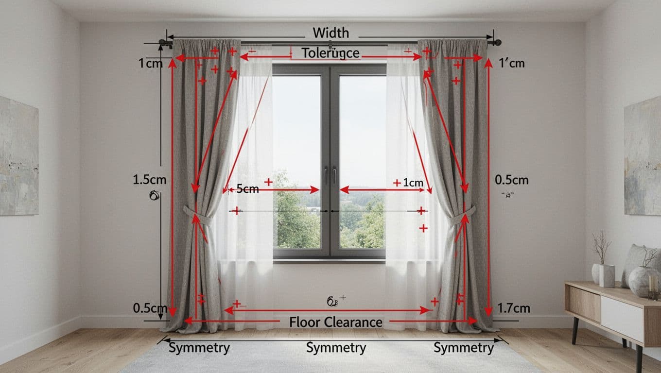 Realistic diagram-style illustration of a window frame with curtain, showing tolerance marks for width, height, floor clearance, and symmetry to ensure precise installation.