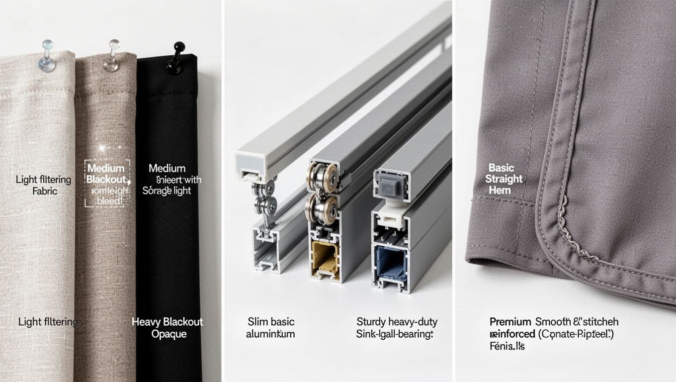訂製窗簾加價項目表:常見4大類一次清單掌握 Photorealistic close-up product comparison on white background showing three curtain fabric swatches (light filtering, medium blackout, heavy blackout), three curtain tracks (basic aluminum, heavy-duty rollers, premium gliding), and three fabric edge samples (straight hem, reinforced hem, piped edge) in neutral gray.