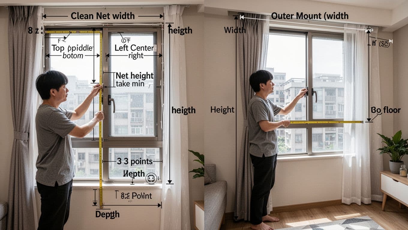 Realistic side-by-side view in a modern Taiwanese home: left shows one person measuring inner mount for curtains (net width at three points, height at three points, depth at three points); right shows outer mount measuring full wall width, height to floor, and side extensions. Bright natural light, detailed textures, no labels or extra elements.