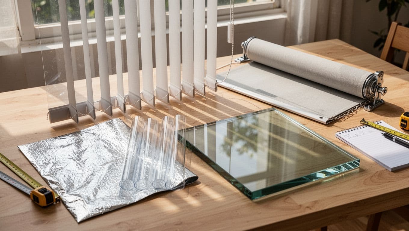 西曬隔熱,窗簾加內襯值得嗎?預算評估全指南 Close-up realistic photography of four common window heat insulation options arranged on a light wooden table: reflective window film, vertical blinds slats, external roller shade fabric, and Low-E double glazing sample, with natural daylight and nearby measuring tape and notepad.