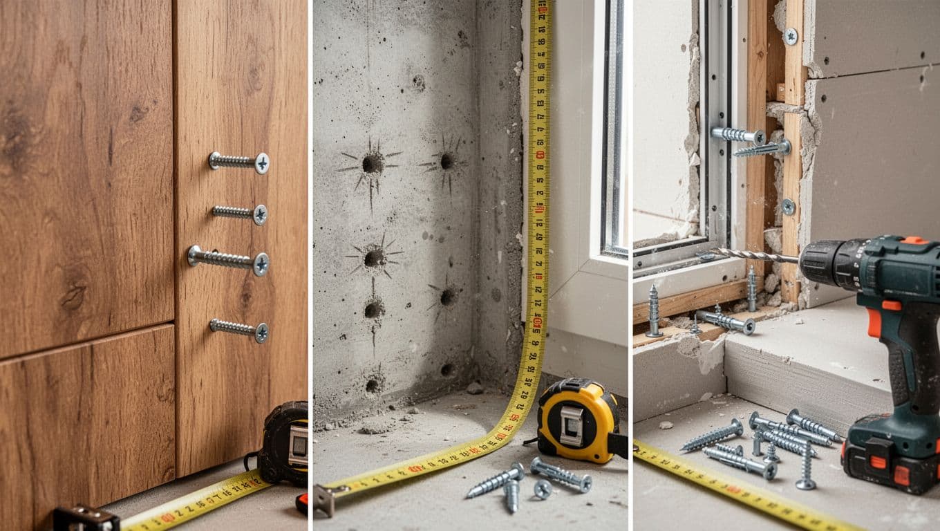 Photorealistic close-up split-view comparing window installation areas on wood panel with screws, concrete wall with drill marks, and gypsum board with expansion anchors. Tape measure and tools like drill nearby in realistic home interior with natural light, focusing on materials and fixing methods.