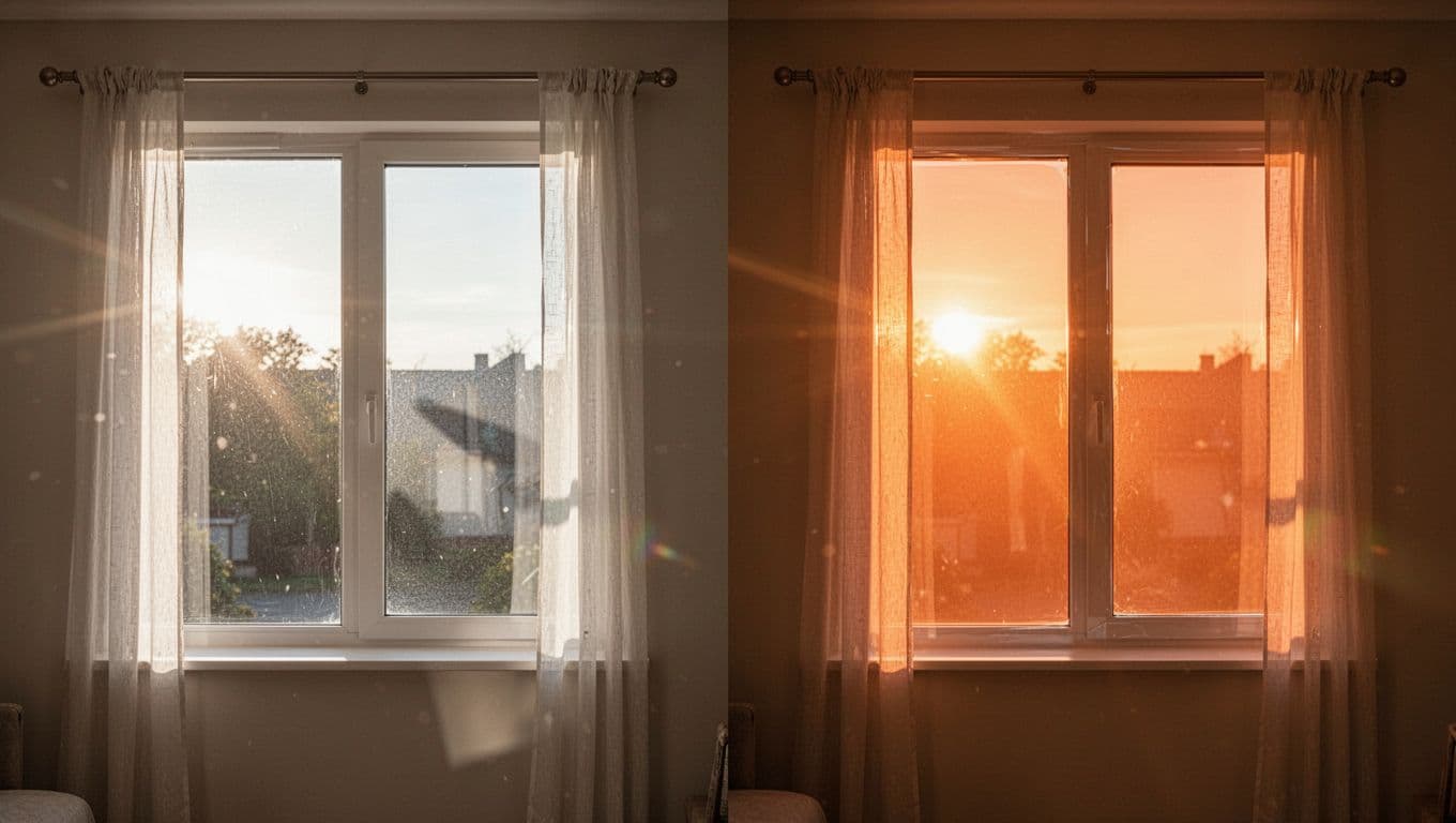 訂製窗簾抗UV值得選嗎?價格差異與實際效果解析 Split-scene view of a west-facing home window: left side with standard clear glass showing harsh sunlight glare and shadows; right side with anti-UV film diffusing light softly without strong glare.