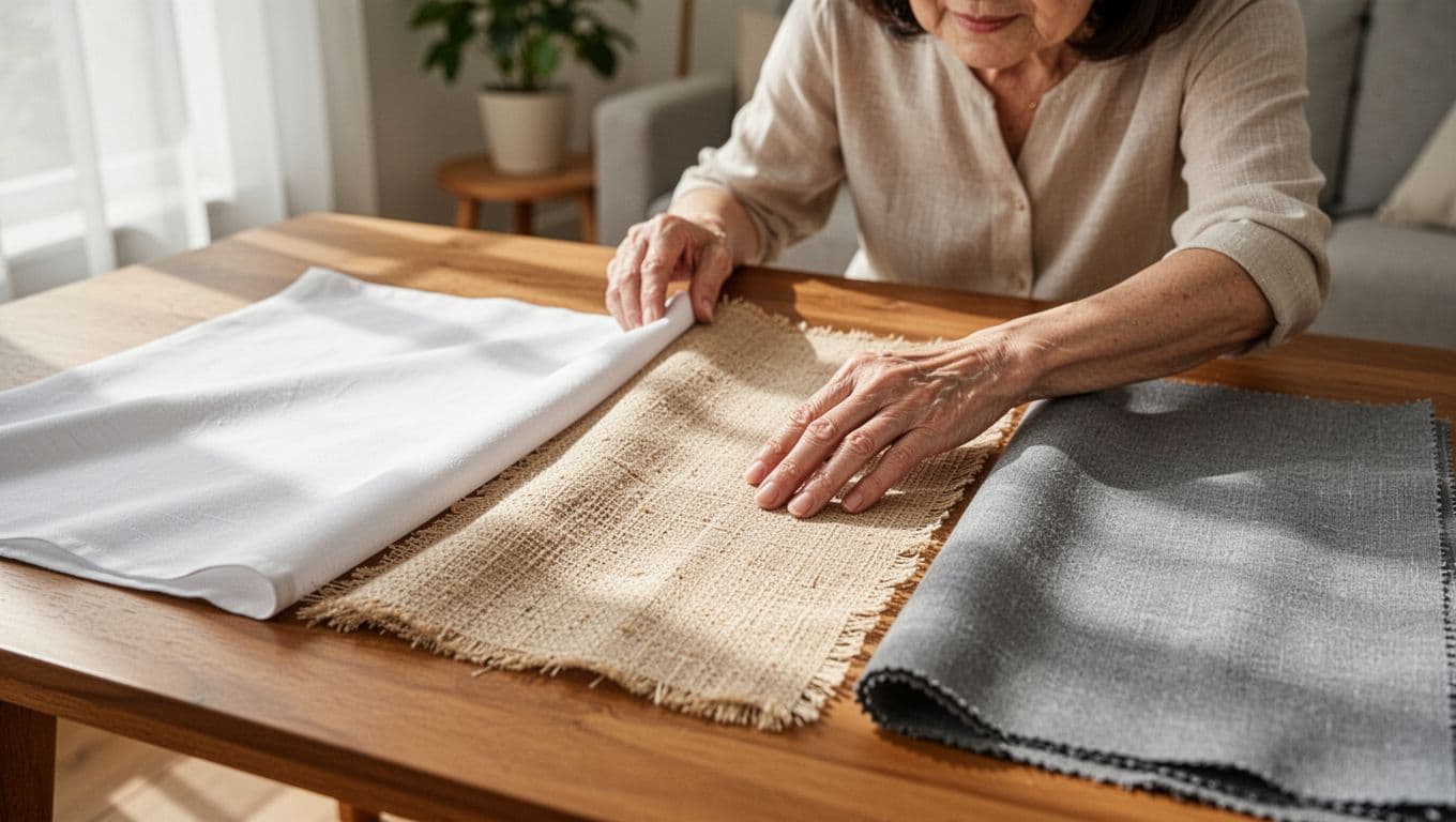 訂製窗簾不想花冤枉錢,報價前要先準備什麼 A middle-aged woman's hand compares three curtain fabrics—white cotton, beige linen, and gray blend—on a bright living room table, focusing on their detailed textures under soft light.