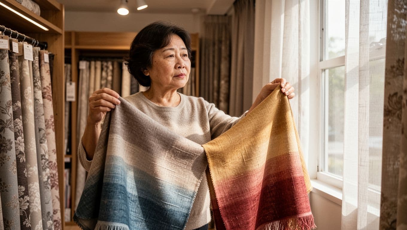 A middle-aged woman in a custom curtain store holds two fabric swatches of different colors, comparing their saturation and gradients—one under incandescent store light, the other in natural window light—with detailed textures in the foreground and warm store atmosphere.