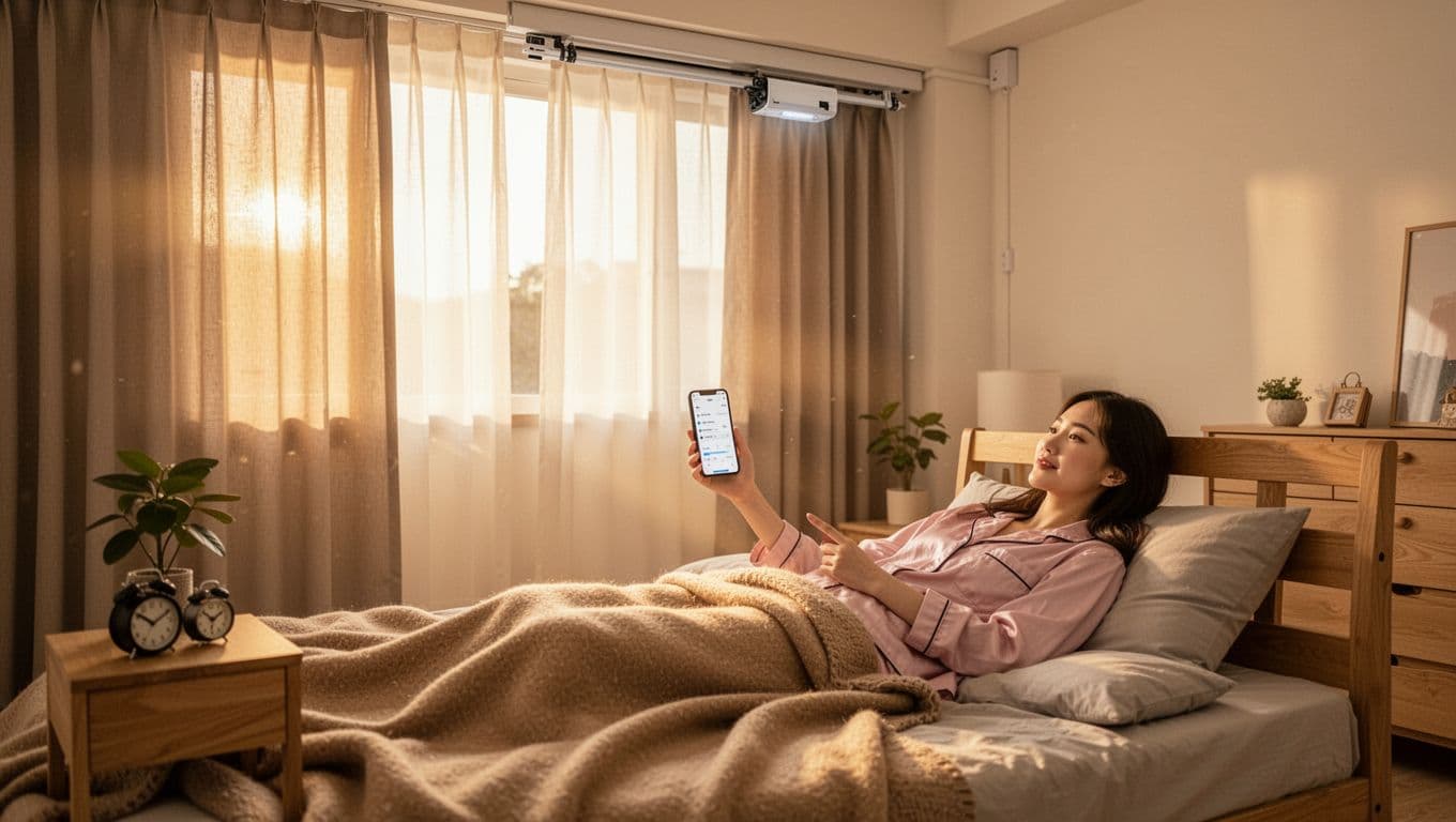 Photorealistic scene of a young woman in pajamas lying in a modern Taiwanese bedroom, using her smartphone to open electric curtains on a sunny morning, with sunlight streaming in.