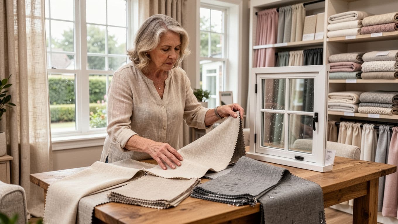 A middle-aged woman in a curtain store examines light beige linen and gray waterproof fabric swatches for custom small window curtains beside a mock-up display.