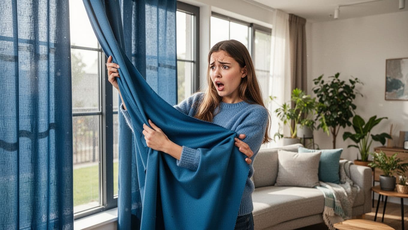 A young woman in a cozy modern living room holds a vibrant blue curtain fabric sample up to a large window, frowning as the color appears duller under indoor light compared to bright sunlight outside.