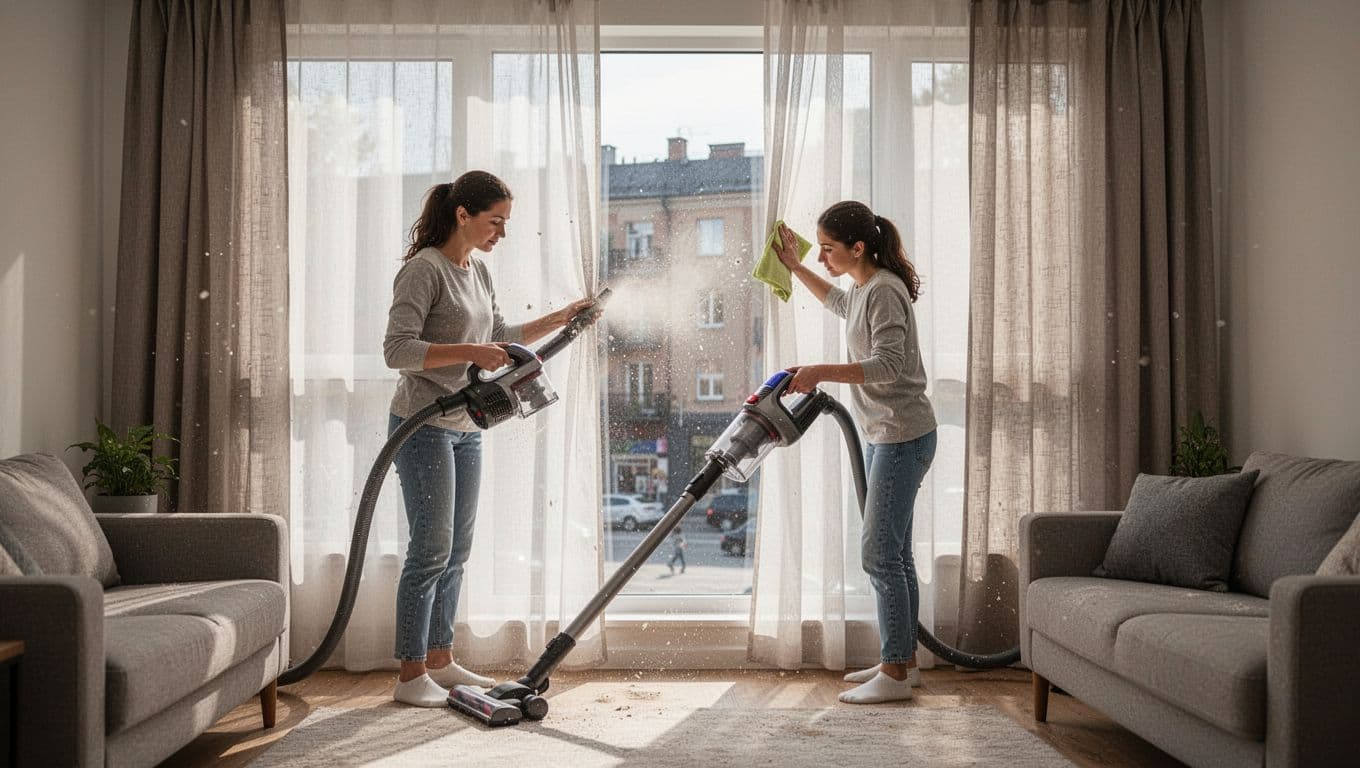 Photorealistic view of a woman in a bright low-floor apartment living room gently vacuuming multi-layer curtains with a handheld vacuum on low suction, then wiping with a damp cloth, with natural light and cozy atmosphere.