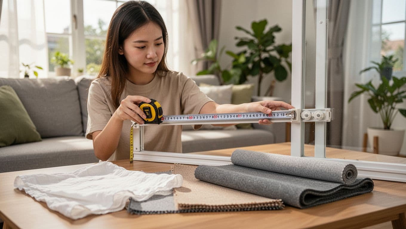 一位年輕女性在家明亮客廳，手持捲尺仔細量測窗簾軌道長度和高度，旁邊桌面擺放幾塊不同厚度和重量的布料樣本，包括一塊輕薄棉質和一塊較厚絨布，對比展示。