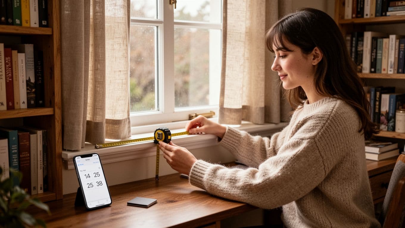 In a cozy home study, a young woman uses a tape measure to check window dimensions for custom curtains, with her phone nearby displaying simple size notes. Soft indoor lighting enhances the warm, self-reliant mood.