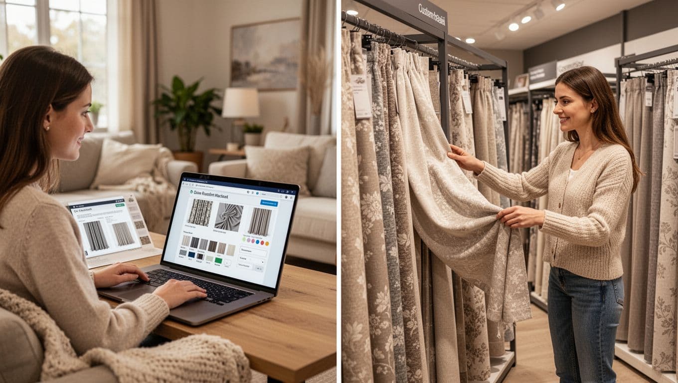 Split-image comparison in landscape: left shows young woman at home on laptop browsing custom curtain options with fabric previews; right shows her in store examining curtain fabric samples. Realistic photography, high detail, warm mood, one person.