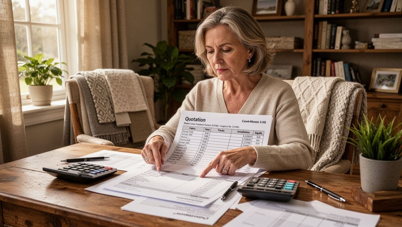 訂製窗簾不想花冤枉錢,報價前要先準備什麼 A middle-aged woman sits at a wooden desk in a cozy home office, carefully examining a detailed curtain quotation sheet with a calculator and pen nearby. Sunlight filters through a window with sample curtains draped over a chair, emphasizing her concentrated expression and the realistic details.