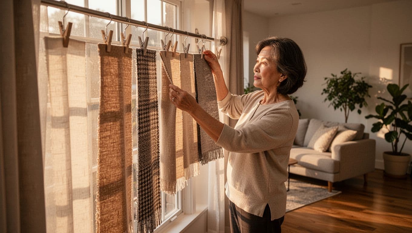 A middle-aged woman hangs borrowed fabric samples on a curtain rod in her bright living room, checking color and drape in morning natural sunlight and evening lamplight. Cozy modern home with sofa, green plants, wooden floors, realistic photography with detailed textures and soft lighting.