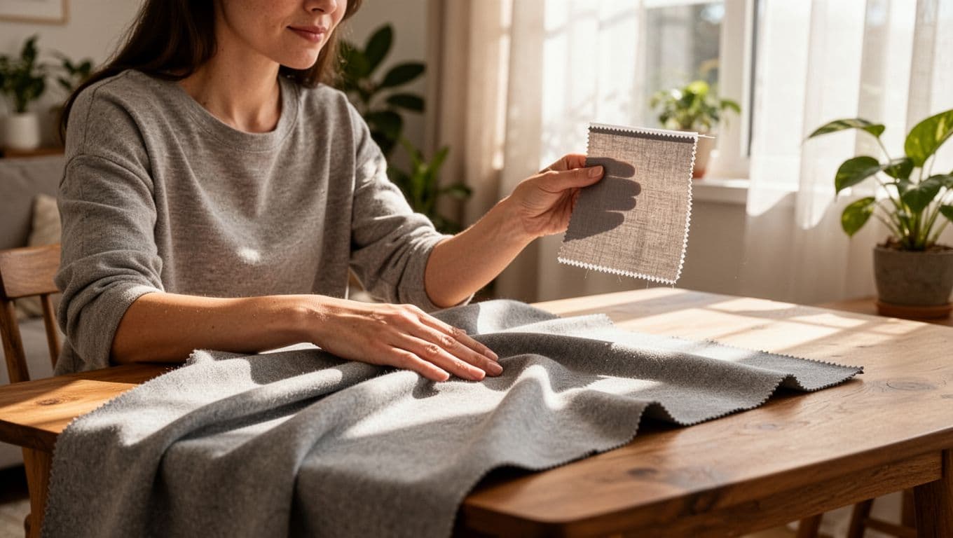 A close-up scene of exactly one person, a woman in casual home clothes, sitting at a wooden table near a sunny window, gently touching and feeling the soft texture of a sample curtain fabric with both hands relaxed and natural, fabric in neutral gray color draped over the table, nearby a small piece held up to sunlight to test color fastness showing even tone, homey living room background with plants and soft light filtering through sheer curtains.