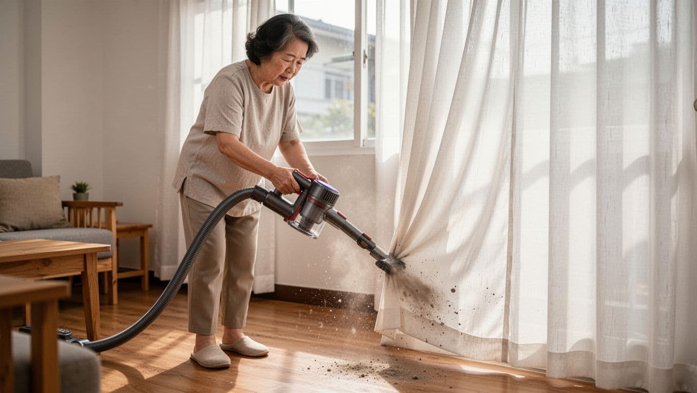 窗簾抗菌防霉布料加價多少?有必要升級嗎 In a bright Taiwanese living room bathed in morning light, a middle-aged woman in casual clothes carefully vacuuming folds of a white fabric curtain with a handheld nozzle, visible dust particles being sucked away.