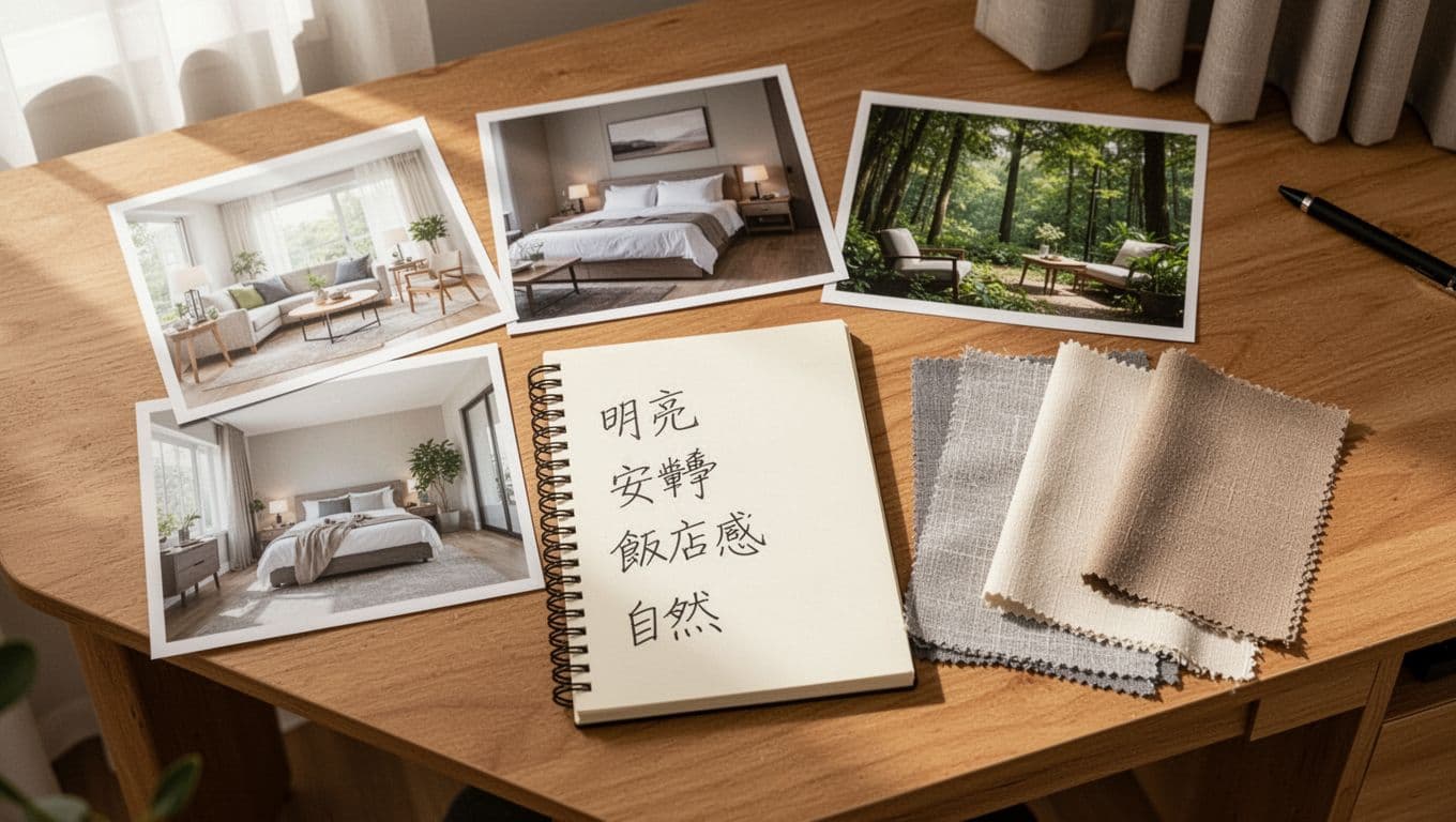 Top view of a wooden desk in a bright home office with 3-5 printed photos of inspiring room atmospheres, a notebook featuring handwritten Traditional Chinese keywords like '明亮', '安靜', '飯店感', and '自然', and 3 neutral curtain fabric swatches. Photorealistic high-detail textures, soft natural light, clean composition with no people or extra objects.