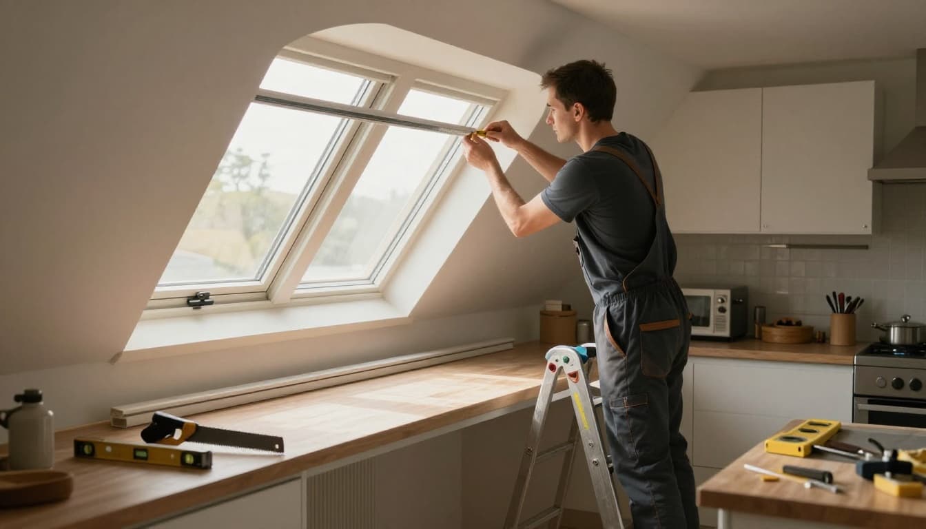 窗簾安裝難度影響報價?這些窗型最常加價 In a cozy kitchen illuminated by warm natural light, a worker stands on a ladder carefully measuring and cutting a custom curtain track to fit an irregularly shaped slanted window, with tools like a saw and level on the nearby countertop.