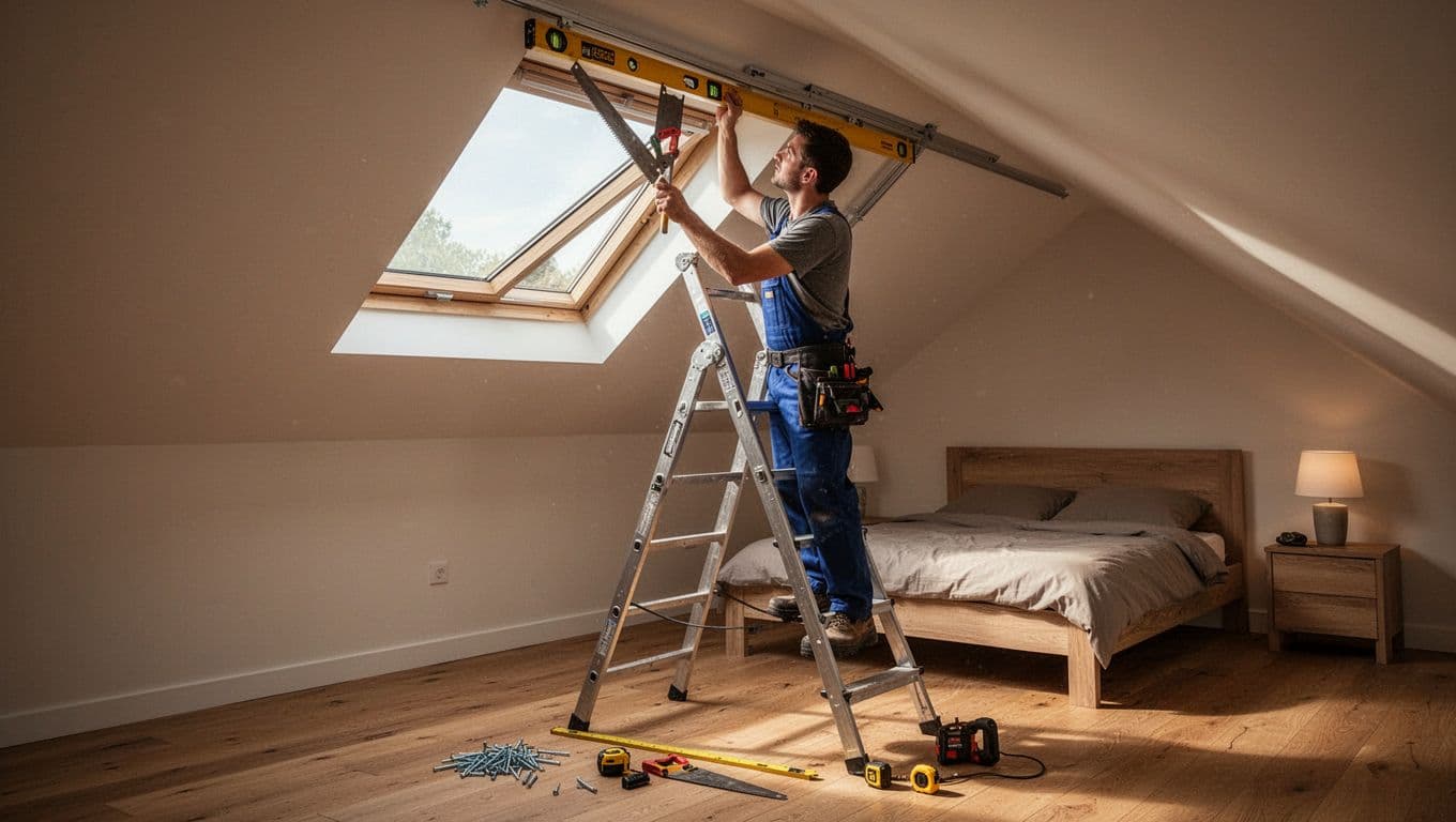 窗簾安裝難度影響報價?這些窗型最常加價 A single worker on a ladder in a cozy attic bedroom with slanted ceiling carefully measures and adjusts a custom curtain track for an irregular slanted skylight window using a level and saw, with tools scattered nearby.