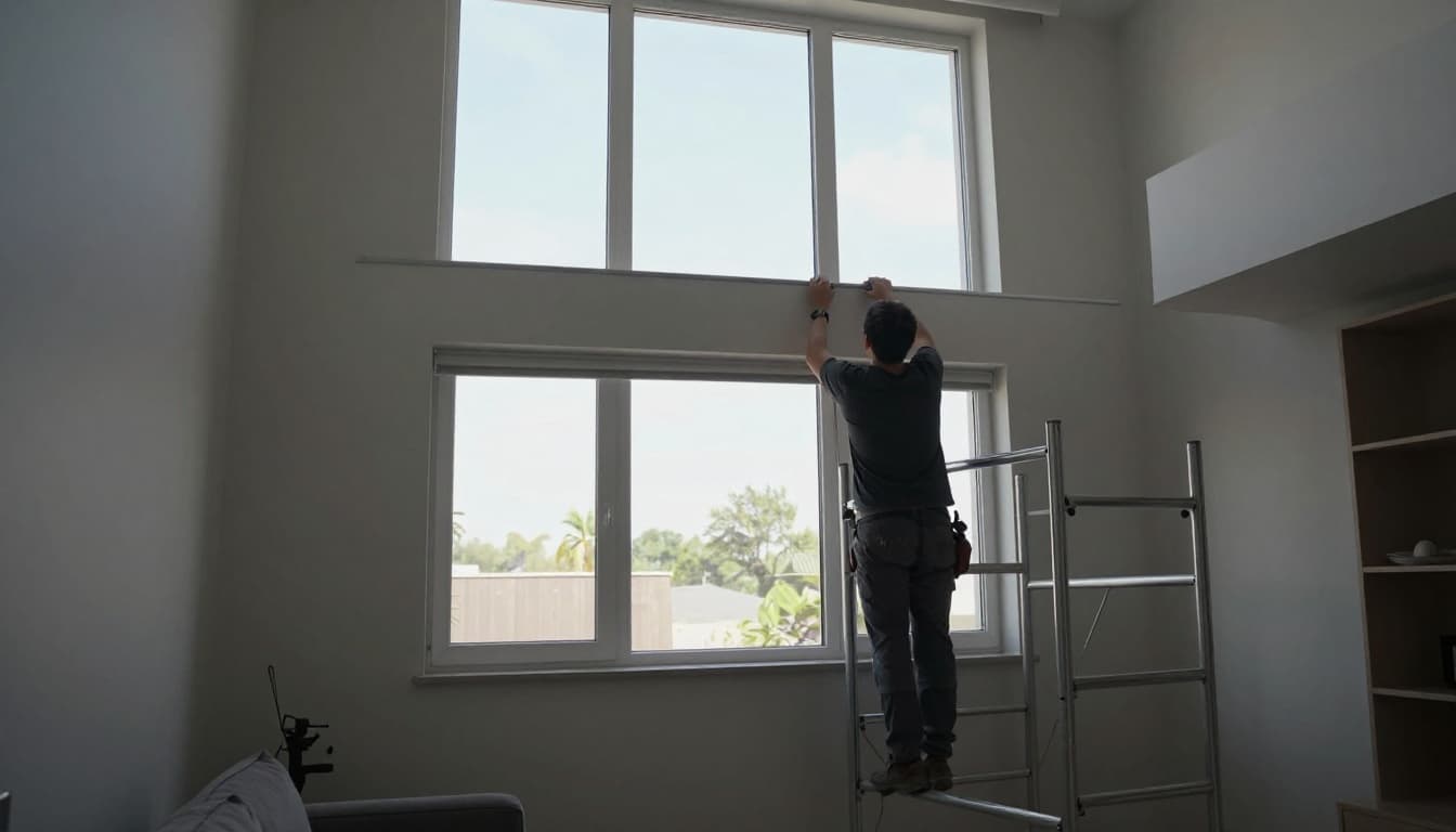 窗簾安裝難度影響報價?這些窗型最常加價 In a bright living room with high windows over 2.5 meters, a lone worker on scaffolding installs a curtain track in the narrow window space amid simple furniture and natural daylight. Realistic high-resolution photo focuses on the worker and window with soft indoor lighting.