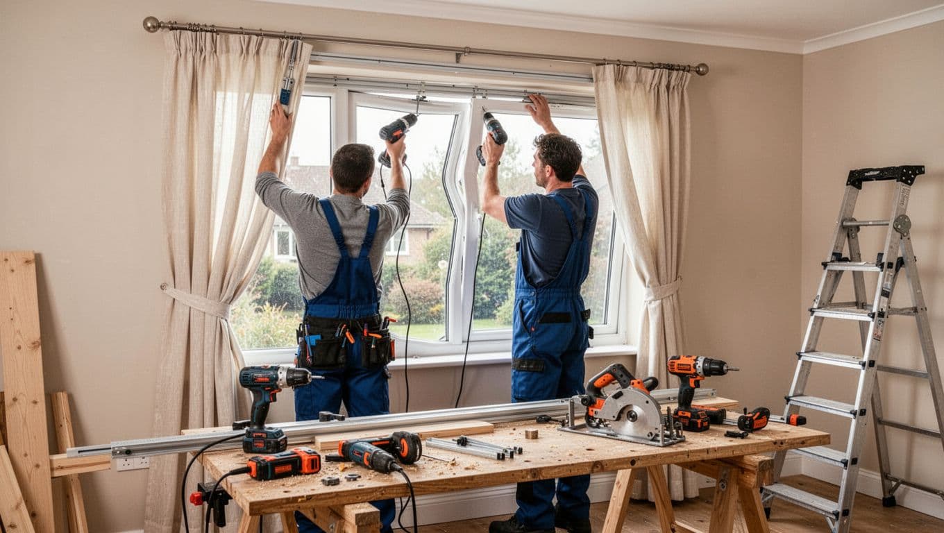 窗簾安裝難度影響報價?這些窗型最常加價 In a bright home interior workshop, a single worker uses electric power tools to install extended curtain tracks on an irregular window frame, with a drill, saw on the nearby workbench, and a ladder in the corner under soft lighting.