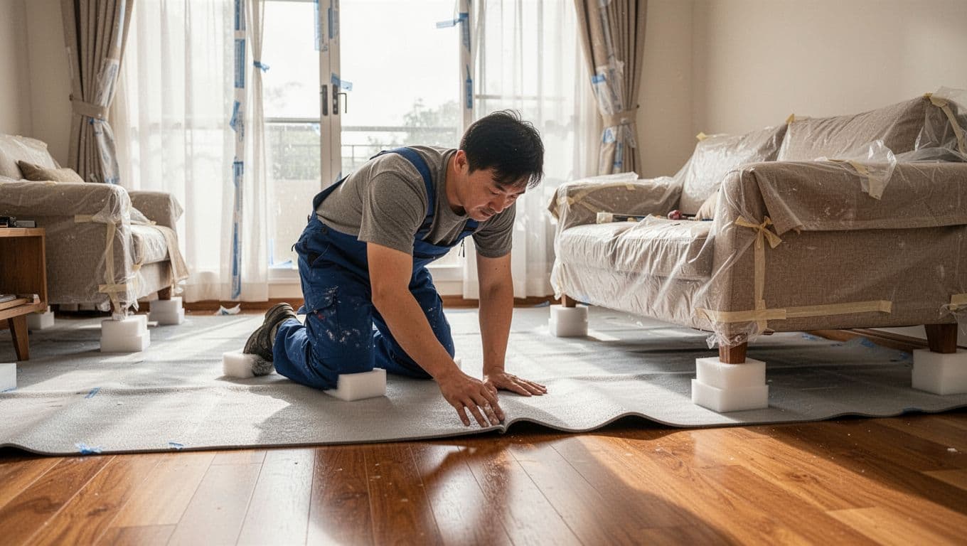 A worker kneels in a bright living room, installing anti-slip protective mats on the wooden floor and wrapping furniture legs with soft foam to prevent scratches, with curtain installation visible in the background.