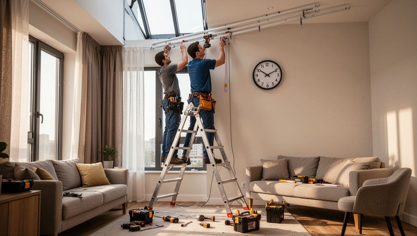 窗簾安裝難度影響報價?這些窗型最常加價 In a modern living room bathed in natural daylight, a single worker on a ladder installs curtain tracks on a high window, with a wall clock showing extended hours, scattered tools, and focus on careful measuring and drilling.