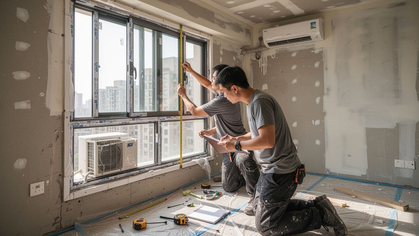 A professional craftsman measures window dimensions in a new apartment living room with a freshly installed aluminum window frame, tools like tape measure and notebook nearby, air conditioner box in installation, walls being painted, floor protected, bathed in bright natural light, realistic high-detail style with warm tones.