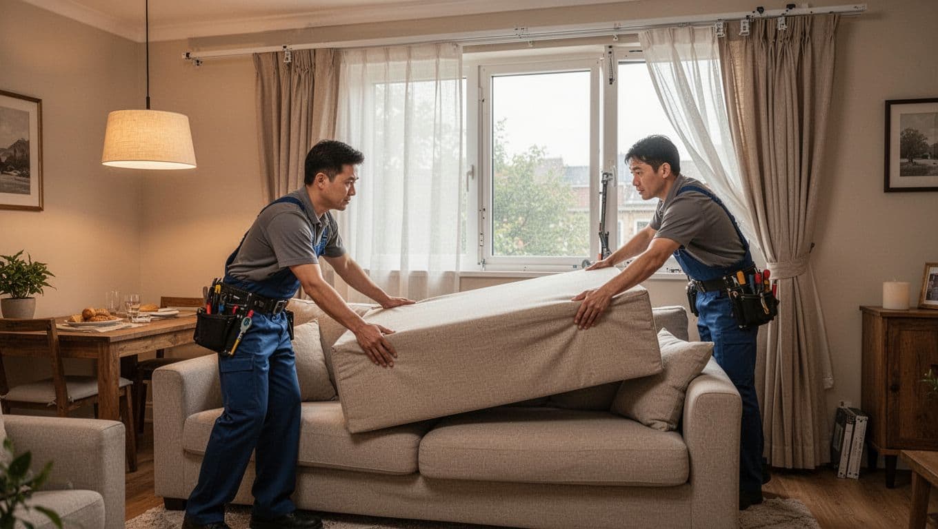 窗簾安裝難度影響報價?這些窗型最常加價 In a cozy living room illuminated by warm indoor lights and a chandelier, a worker gently pushes a large sofa aside to access the window for installing curtain tracks, photorealistic style with detailed room background.