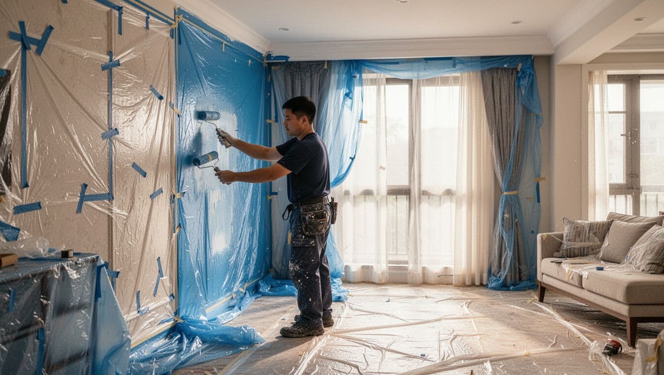 A worker stands in a bright living room, using blue plastic sheeting and dust film to protect walls, doors, and windows from paint drops during curtain installation preparation. Professional atmosphere with warm natural light and protected floors.