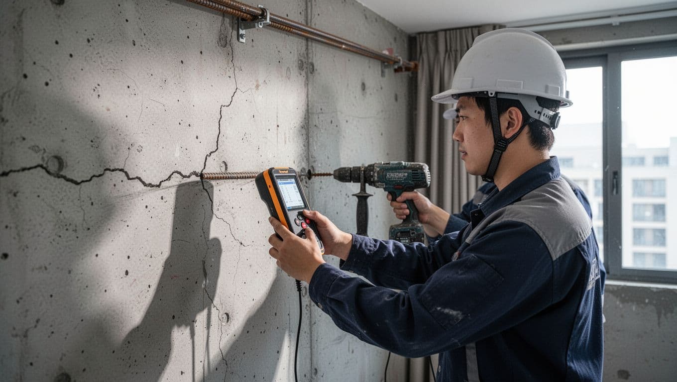 A construction worker wearing a safety helmet uses a rebar detector to carefully scan a reinforced concrete wall with minor crack traces in an apartment interior, preparing a drill machine nearby under bright lights.