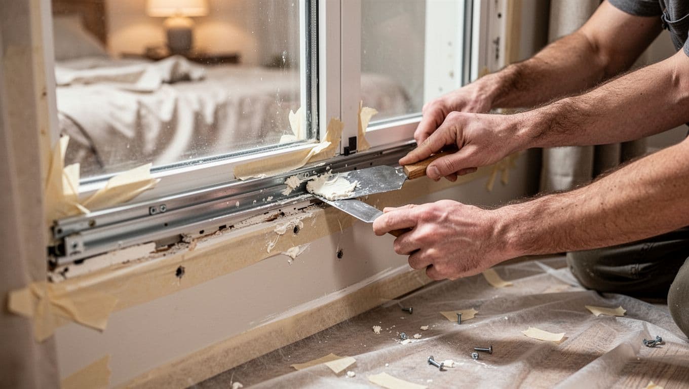 A single worker pries off an old metal curtain track from a bedroom window wall using a putty knife, revealing minor glue residue spots. Protective sheeting covers the frame and drop cloths protect the floor in this clean, controlled demolition.