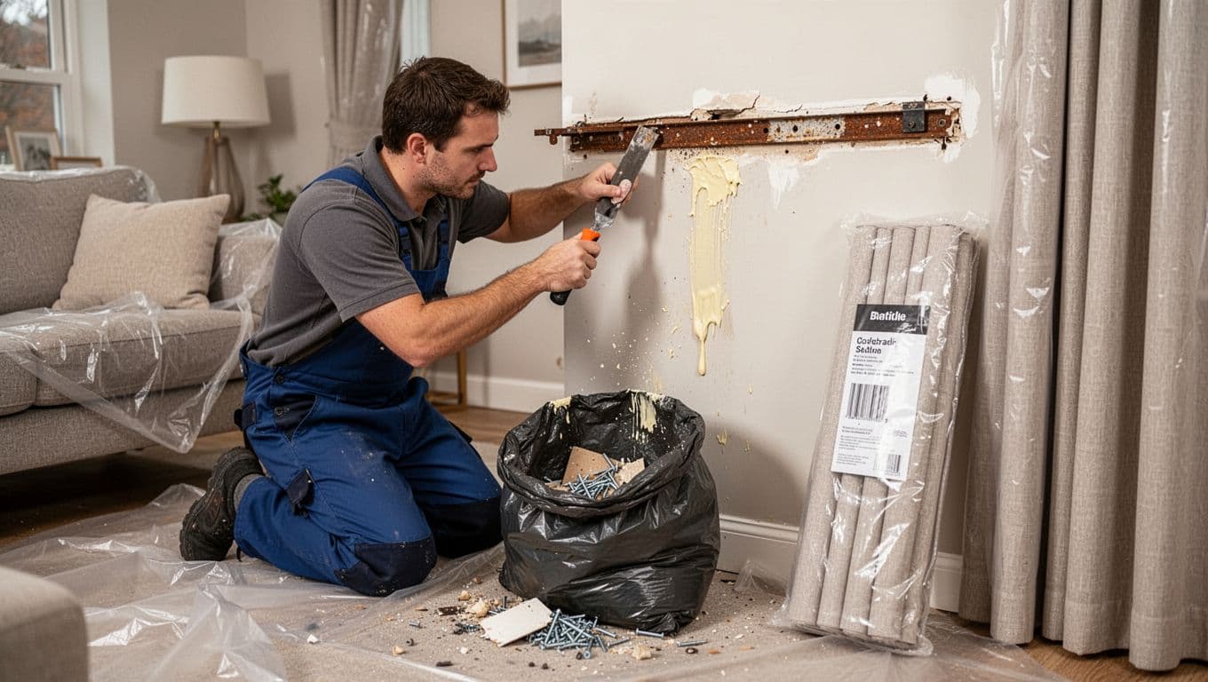 A worker in a home living room carefully removes an old rusty curtain track from the wall using a pry tool, collecting screws, debris, and glue residue into a half-full trash bag. Protective sheets cover the floor and furniture, with new curtains packaged nearby, in a clean, controlled demo under soft room light.