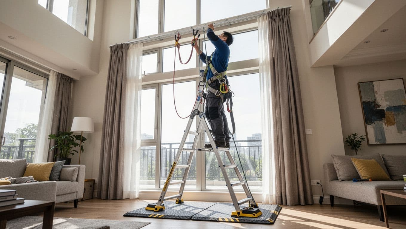 A professional worker stands on a stable ladder installing a curtain track for high windows in a bright living room with high ceilings, secured by a safety belt connected to the ladder top.