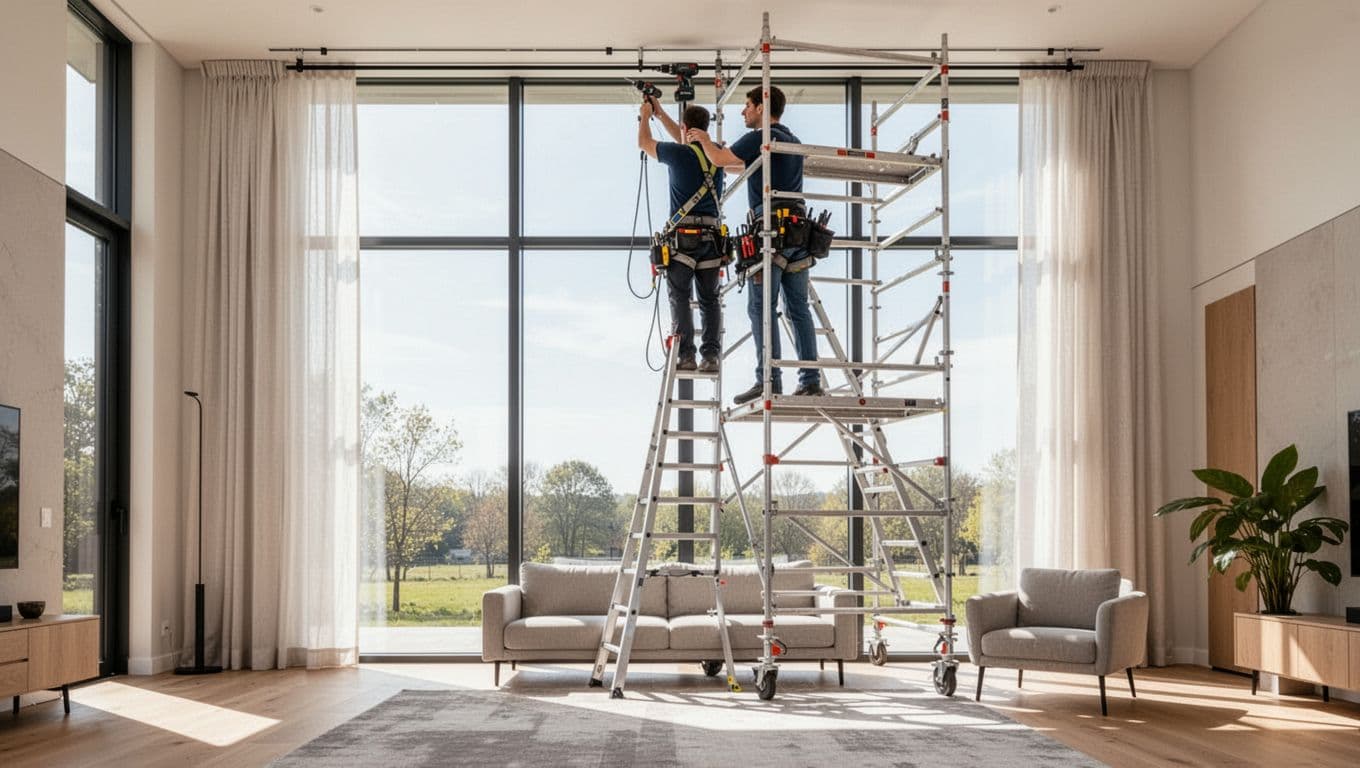 窗簾安裝難度影響報價?這些窗型最常加價 In a spacious modern living room, one worker with safety harness on tall scaffolding drills a curtain track at floor-to-ceiling windows, with bright daylight and simple furniture below.