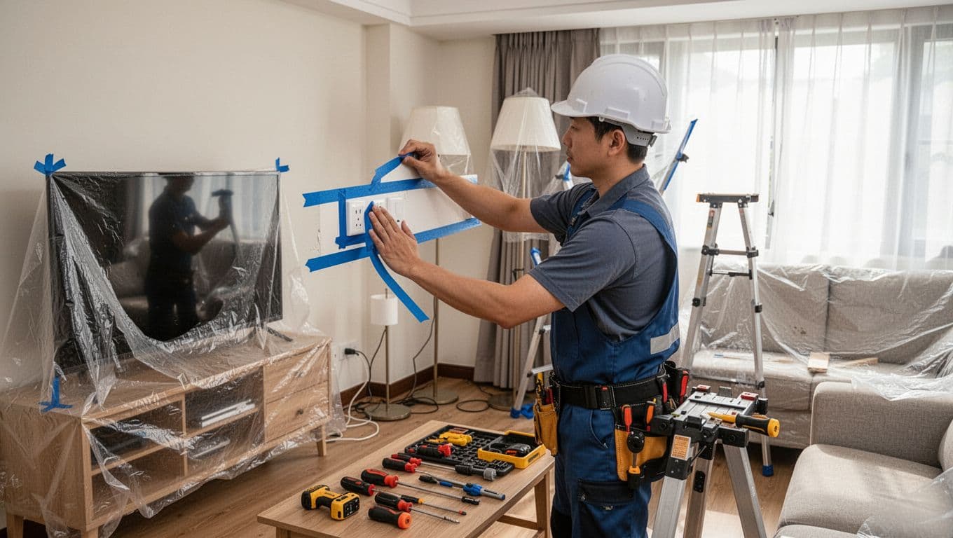 A lone worker in a bright living room carefully seals wall sockets with blue tape to prevent short circuits following a power outage, with appliances covered and tools neatly arranged for safety.