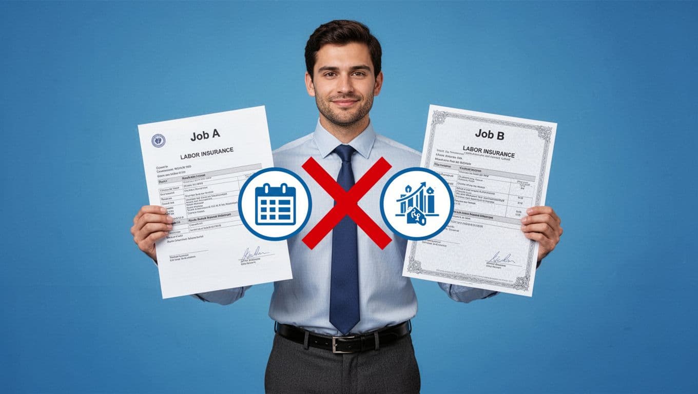 Infographic depicting one worker in business casual attire holding two job contracts side by side, with overlapping labor insurance icons marked by a red X to indicate no duplication, on a simple gradient blue background.