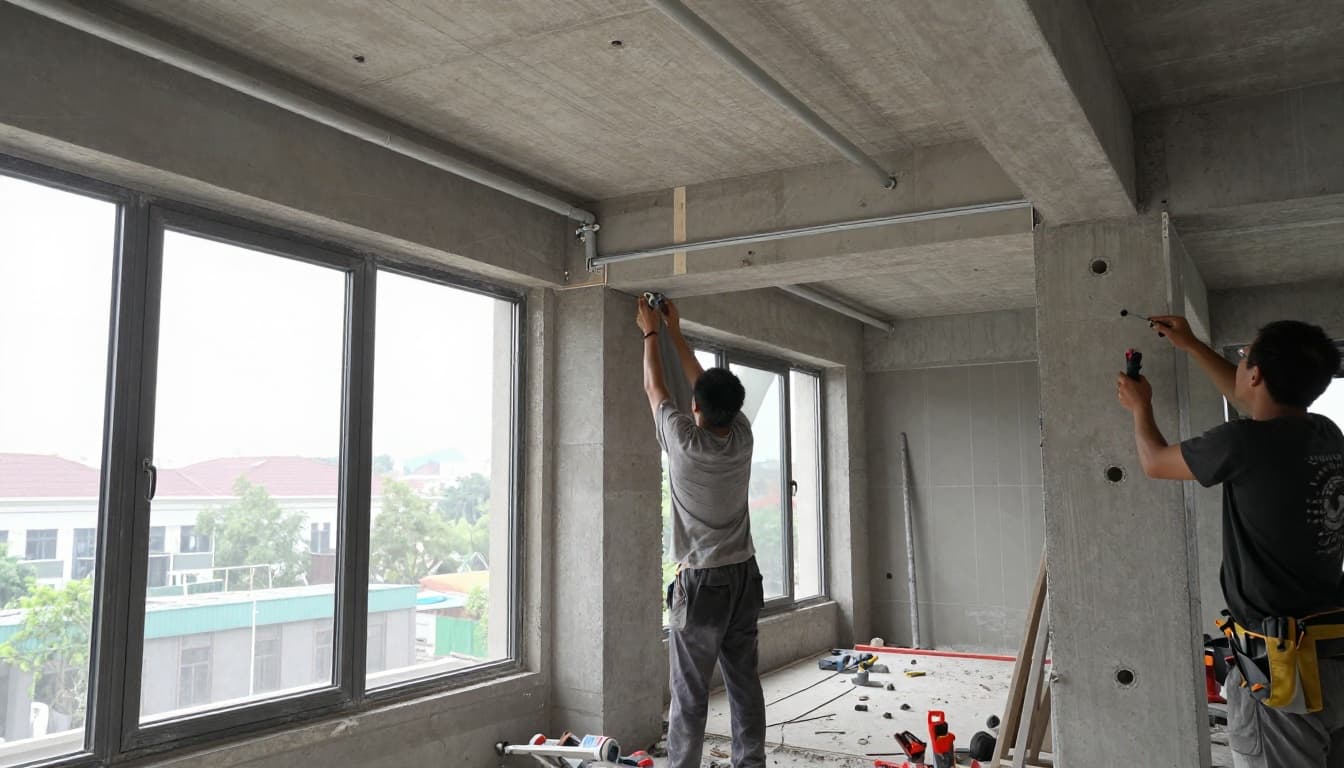 訂製窗簾不同房間要花多少?客廳臥室書房估算全指南 Two workers carefully install curtain tracks next to tall floor-to-ceiling windows amid complex ceiling beams, AC pipes, and mixed walls; one fixes track avoiding pipes while the other drills, tools neatly scattered under natural light.