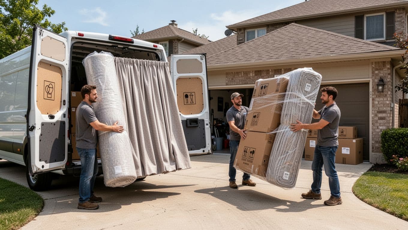 Two workers carefully unload large rolled custom curtains from a delivery van outside a suburban house on a sunny day, with the garage door open and detailed fabric rolls visible.