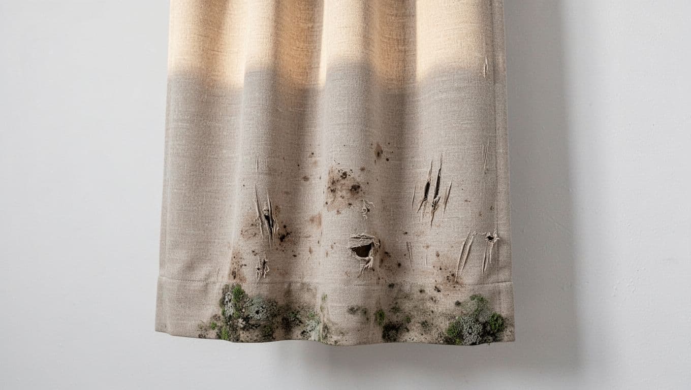 Photorealistic close-up of a single piece of beige curtain fabric hanging vertically against a white wall, displaying sun-induced fading on top edges, dirt stains, pet claw scratches, and green mold spots near the bottom hem.