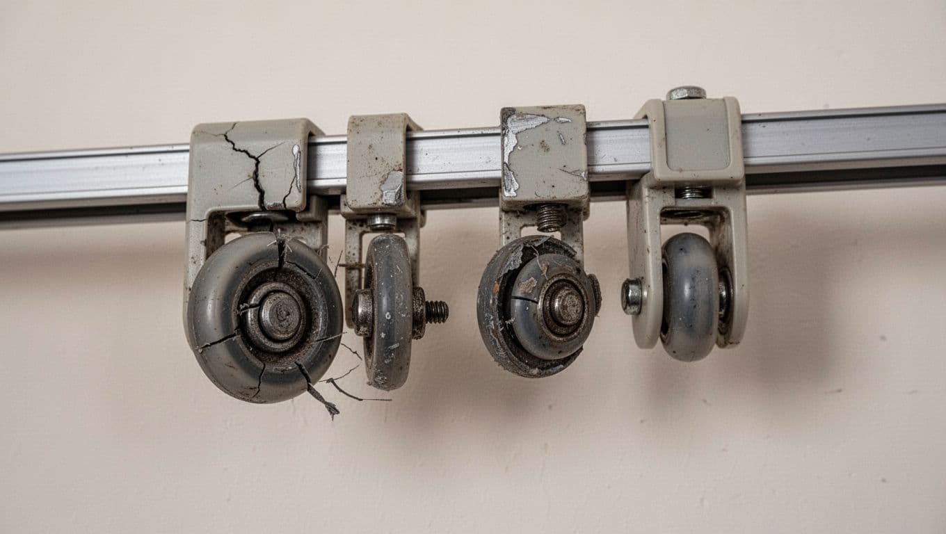 訂製窗簾軌道不好拉怎麼辦?5大常見原因與簡單解法 Photorealistic close-up of worn-out curtain sliders and wheels: one wheel cracked and not spinning, another with loose axle and eccentric wear, third mismatched size sticking in the track.