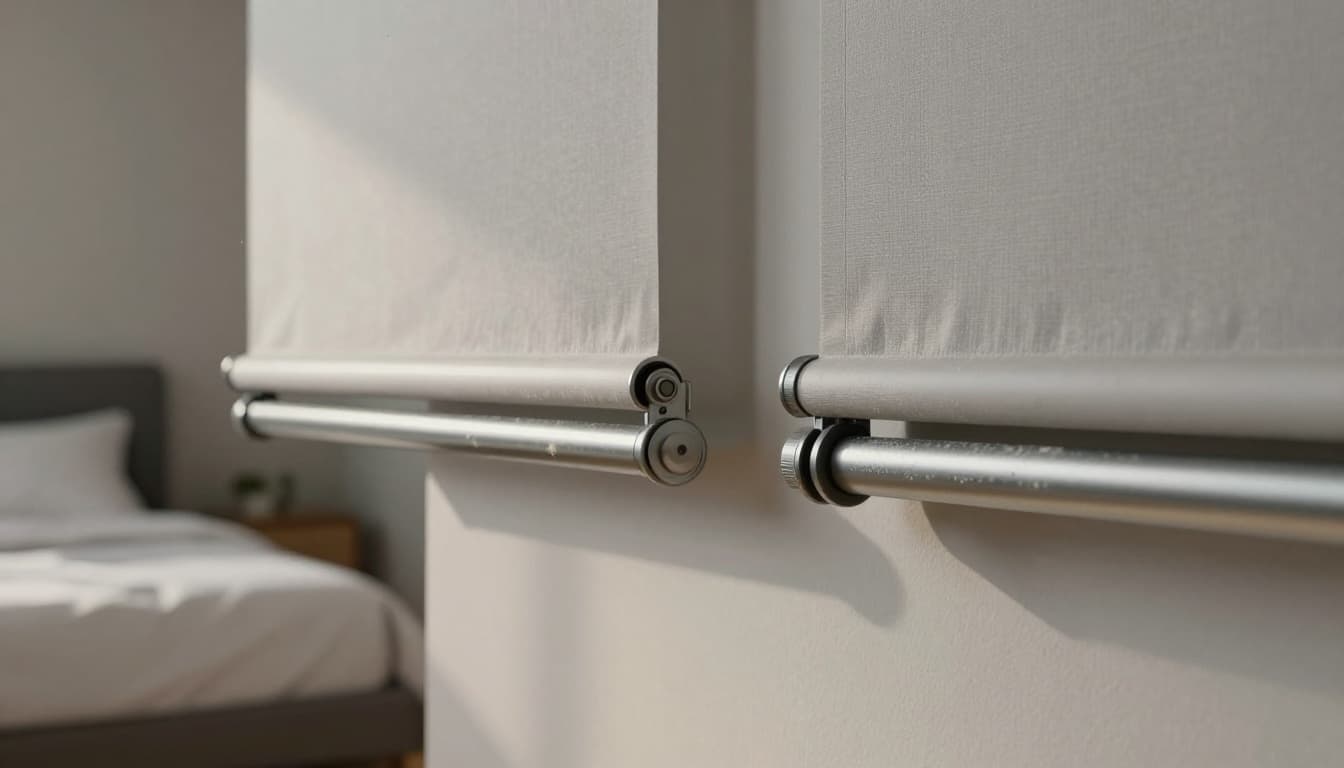 Close-up photorealistic view of a worn track curtain with friction-marked metal tracks, loose rollers, and dust, next to a smooth partially rolled electric roller blind in a sunlit modern bedroom with bed and nightstand.