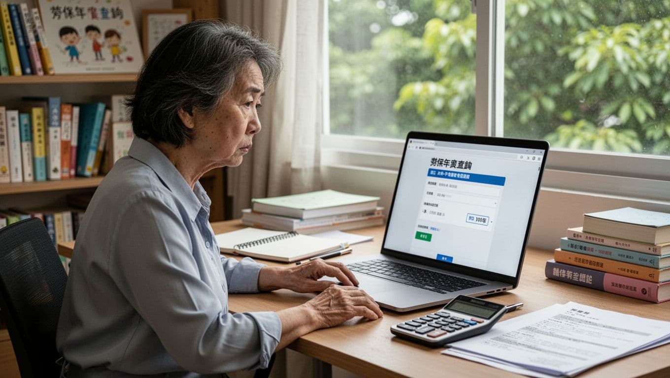 A middle-aged tutor sits at her home desk with a worried expression, staring at a laptop screen showing a labor insurance seniority query with less than 10 years recorded. She has a calculator and labor documents nearby, with teaching books, notebooks, and green trees outside the window in a realistic, high-detail style.