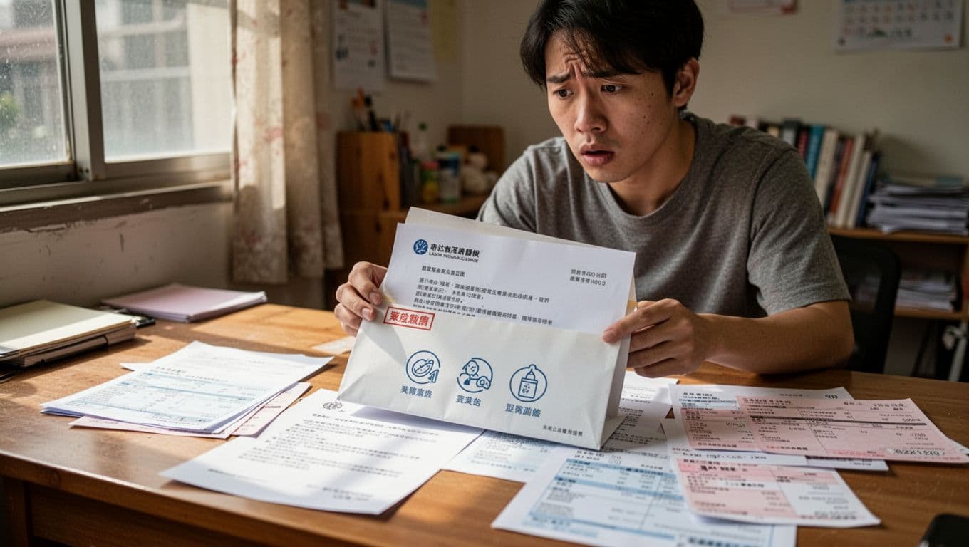 工會加保年資被取消,還能救回來嗎?一般處理方向 A realistic scene of a concerned Taiwanese freelancer in a Taipei home office opening a formal letter from the Labor Insurance Bureau demanding repayment of past benefits due to canceled union seniority, with detailed desk documents and natural daylight.
