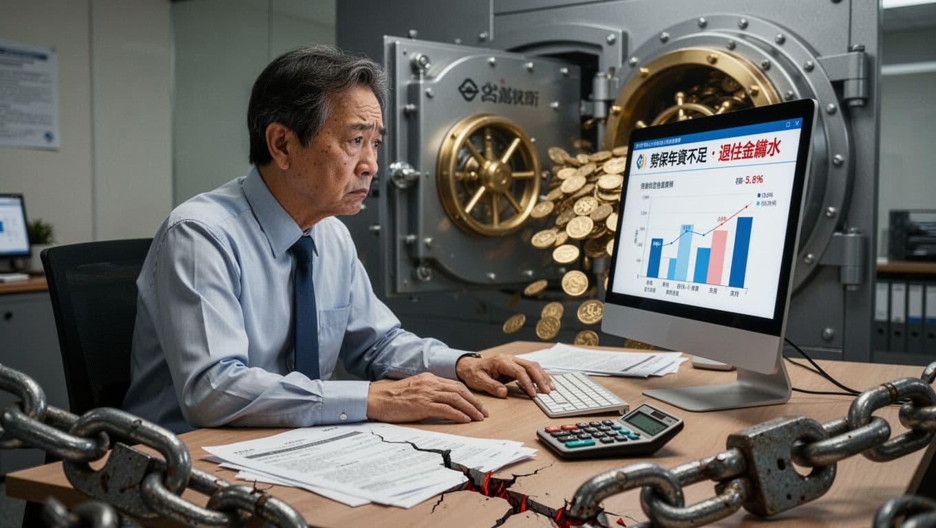 A middle-aged Taiwanese office worker sits at his desk with a worried expression, staring at computer charts showing insufficient labor insurance seniority and shrinking retirement pension. The scene includes scattered contracts, a calculator, a background of a leaking bank vault, and broken chains symbolizing insurance interruption, in a realistic style with soft lighting and anxious atmosphere.