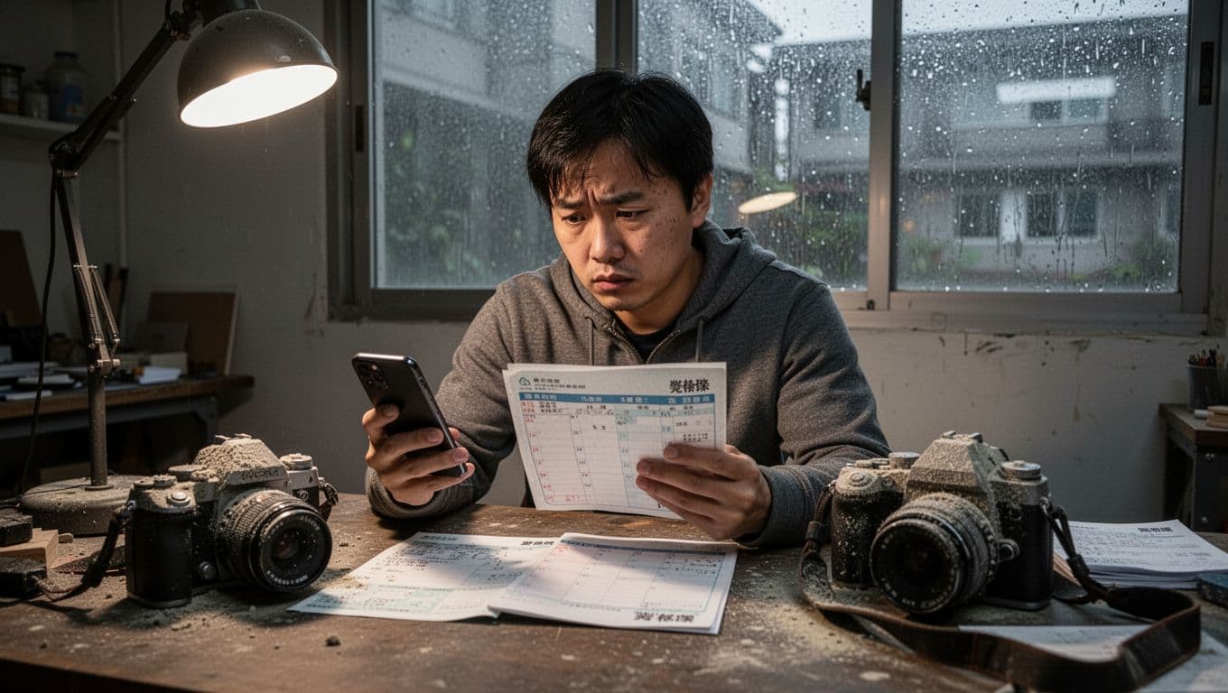 攝影師接案勞保怎麼保?職業工會投保 + 10 個常見問題解答 A Taiwanese photographer sits anxiously in an empty off-season studio, reviewing a calendar and labor insurance form while holding a phone to consider renewal, with a dust-covered camera on the desk and a rainy scene visible through the window under dim lighting.