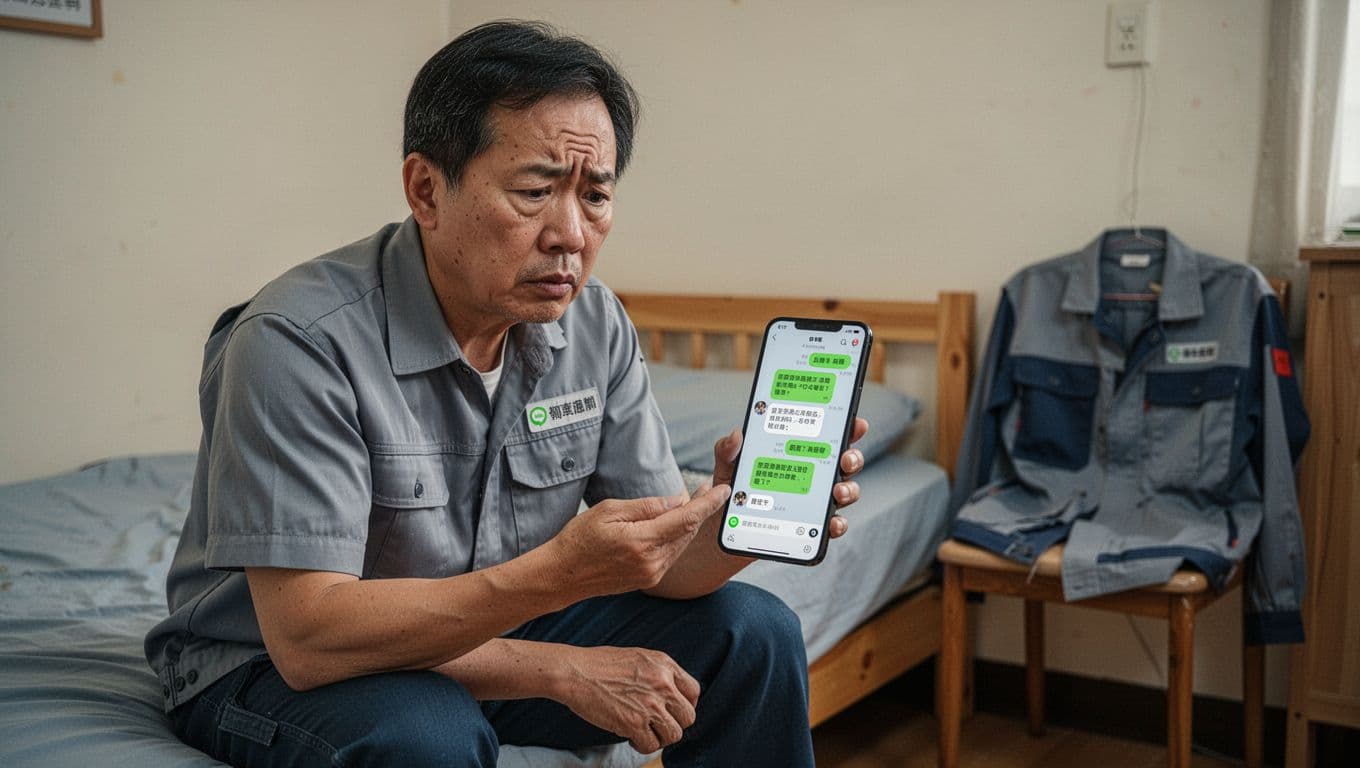 A middle-aged Taiwanese temporary worker sits worried on a bed edge, viewing LINE chat messages about work schedules in a simple bedroom.